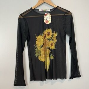 Saia com Arte 'Sunflowers' Design Blouse Womens Size Medium Sheer Mesh Van Gogh